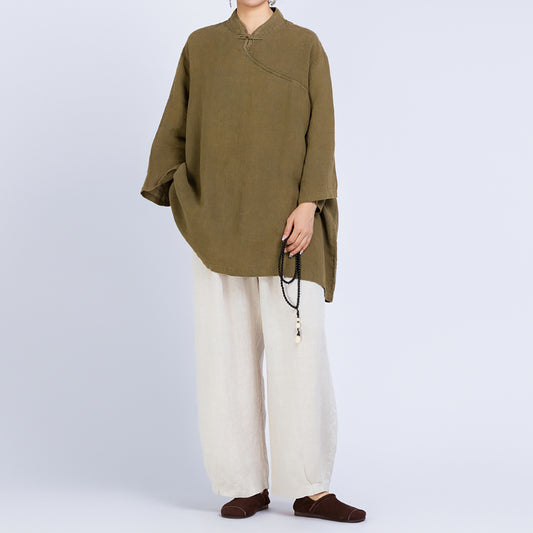 edoa Loose Heavy Weight Linen Retro Blouse