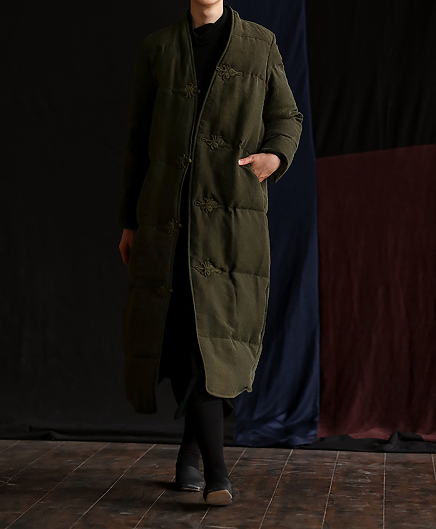 edoa Cracked Mud Silk Goose Down Long Coat