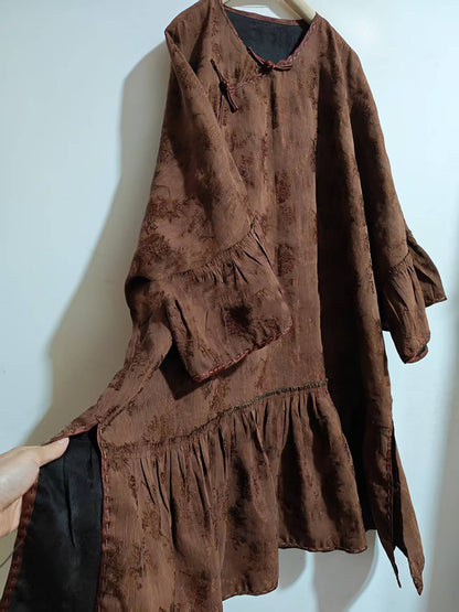 Mud Dyed Silk Linen blend Jacquard Ruffled Hem Qipao Dress dr0400 X332