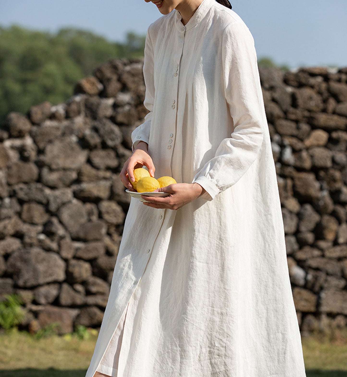 edoa Long Sleeve Pleated Linen Shirtdress