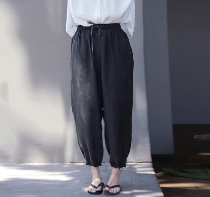 edoa Black Sand Washed Mulberry Silk Habotati Tapered Pants