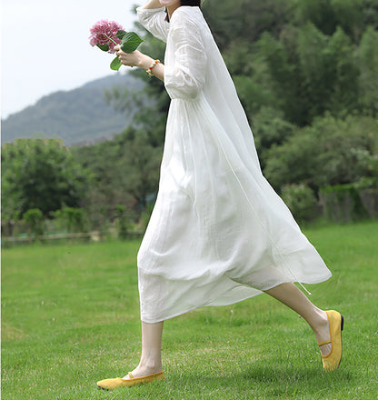 edoa High Counted Ramie Gathered Midi Dress 