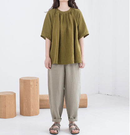 edoa Summer Linen Gathered Neck Blouse