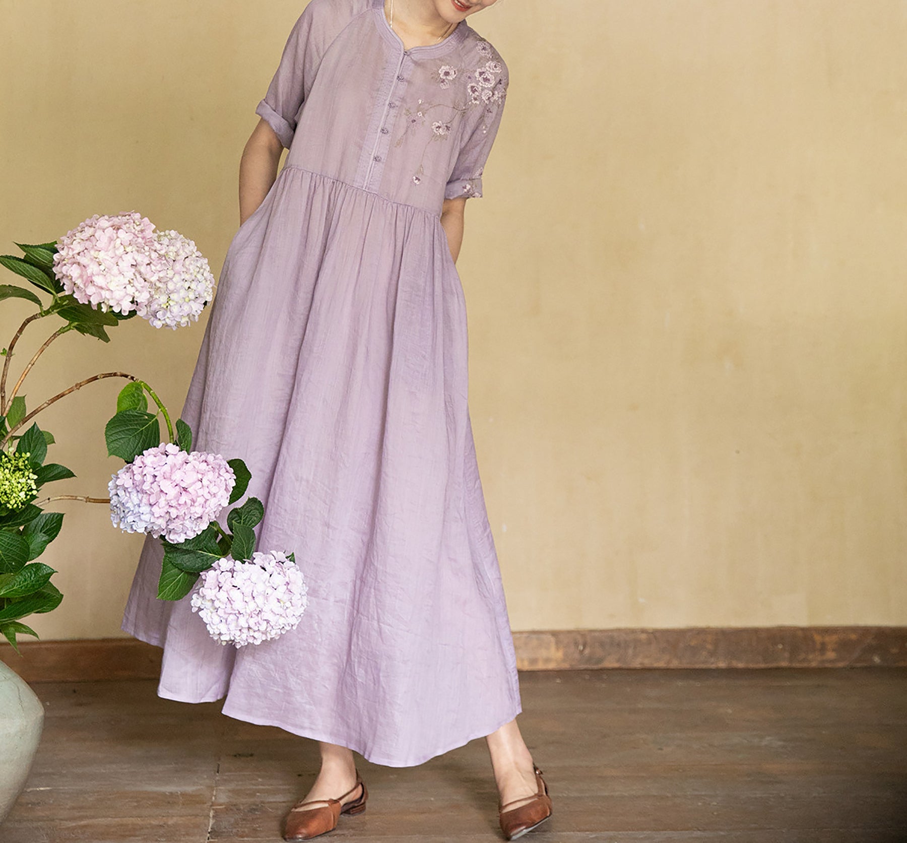 edoa Ramie Chinese Dress with Hand Embroidery