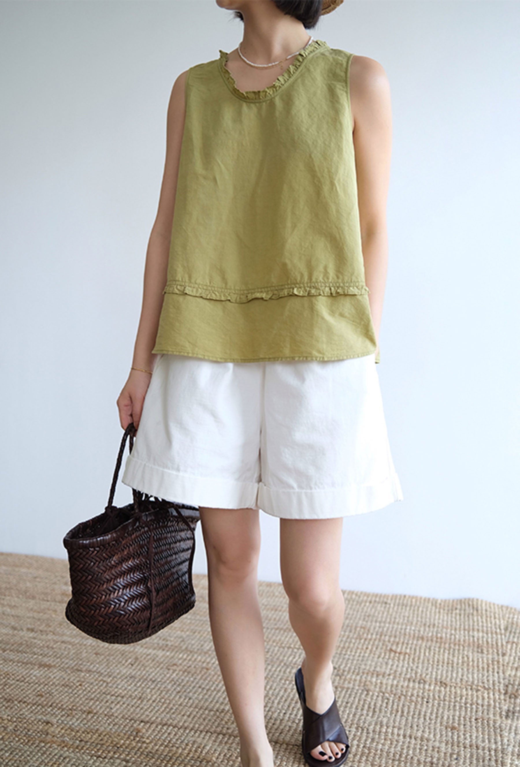 edoa Linen A-line Ruffle Tank Top