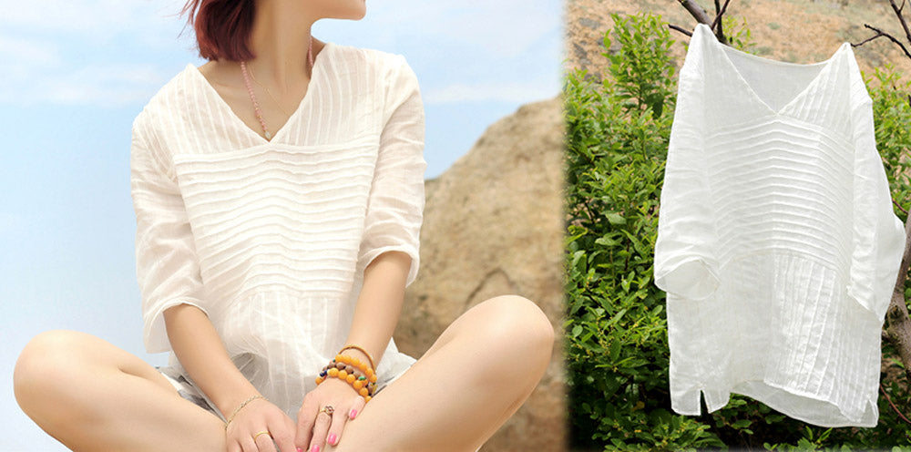 edoa Hand Pintucked V-neck Ramie Blouse