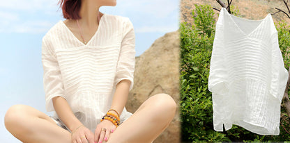 edoa Hand Pintucked V-neck Ramie Blouse