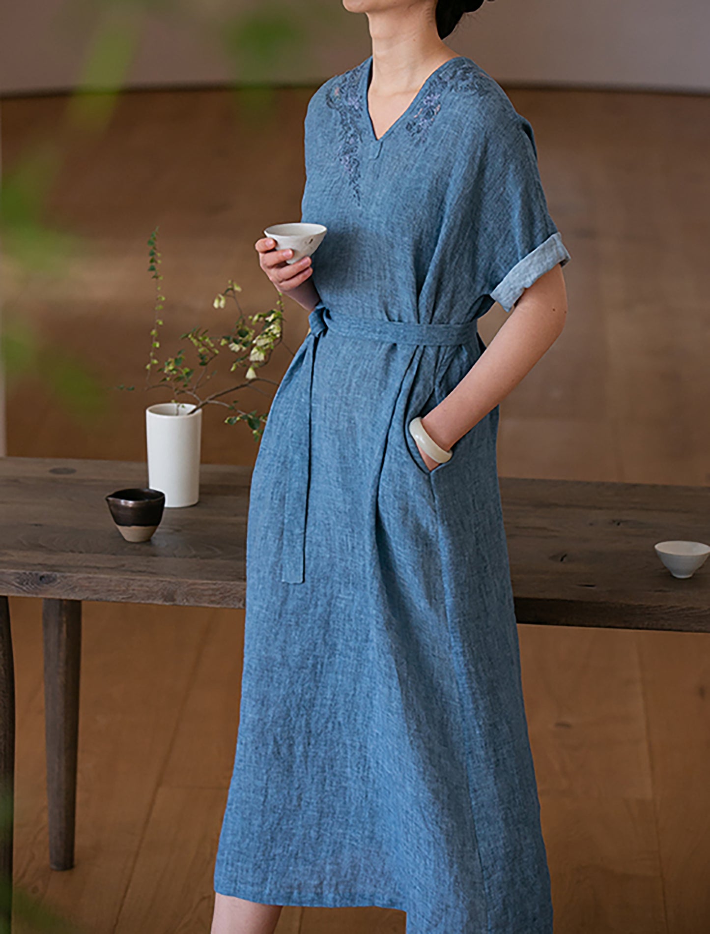 edoa Hand Embroidered Tie Dyed Ramie V-neck Kaftan Dress