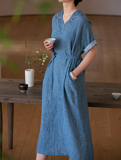 edoa Hand Embroidered Tie Dyed Ramie V-neck Kaftan Dress