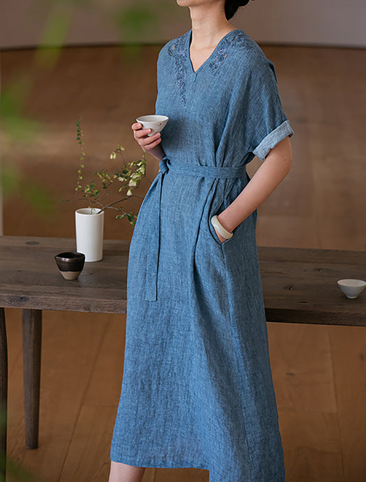 edoa Hand Embroidered Tie Dyed Ramie V-neck Kaftan Dress