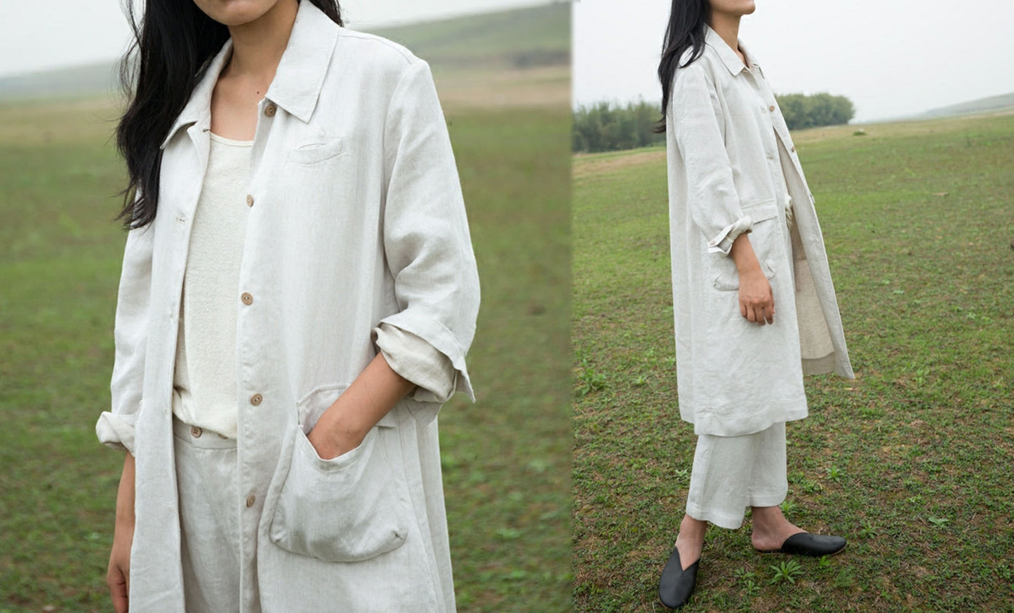 edoa Unisex Flax Linen Trench Coat