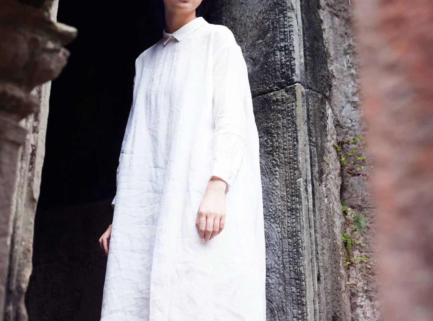 edoa White Ramie Loose Fitting A Line Shirt Dress