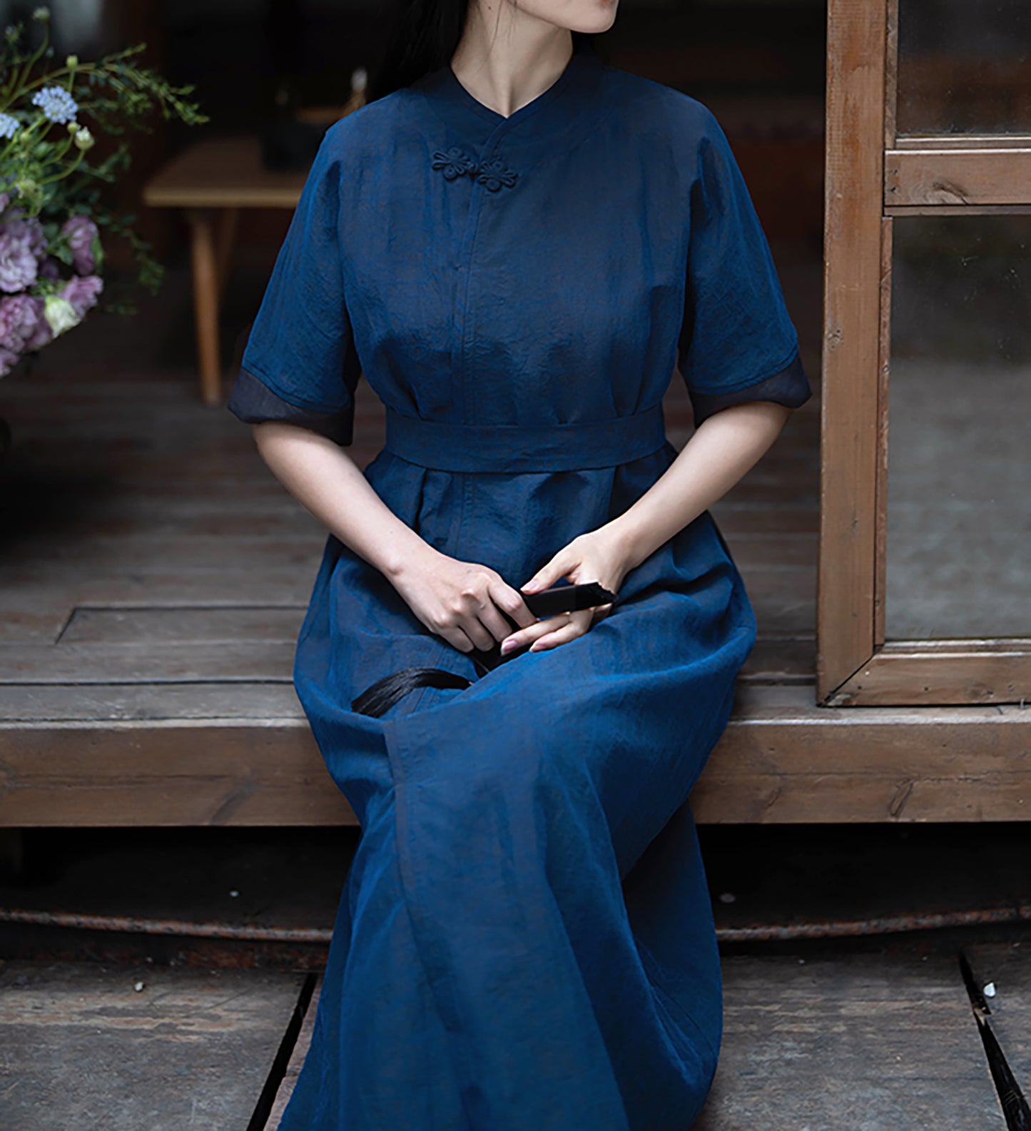 edoa Blue Cracked Mud Silk A-line Dress 