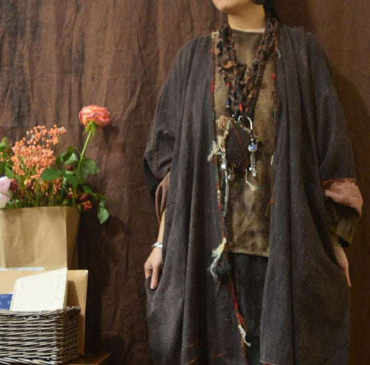 edoa Loose Fitting Mud Tussah Silk Jacquard Cardigan Coat 