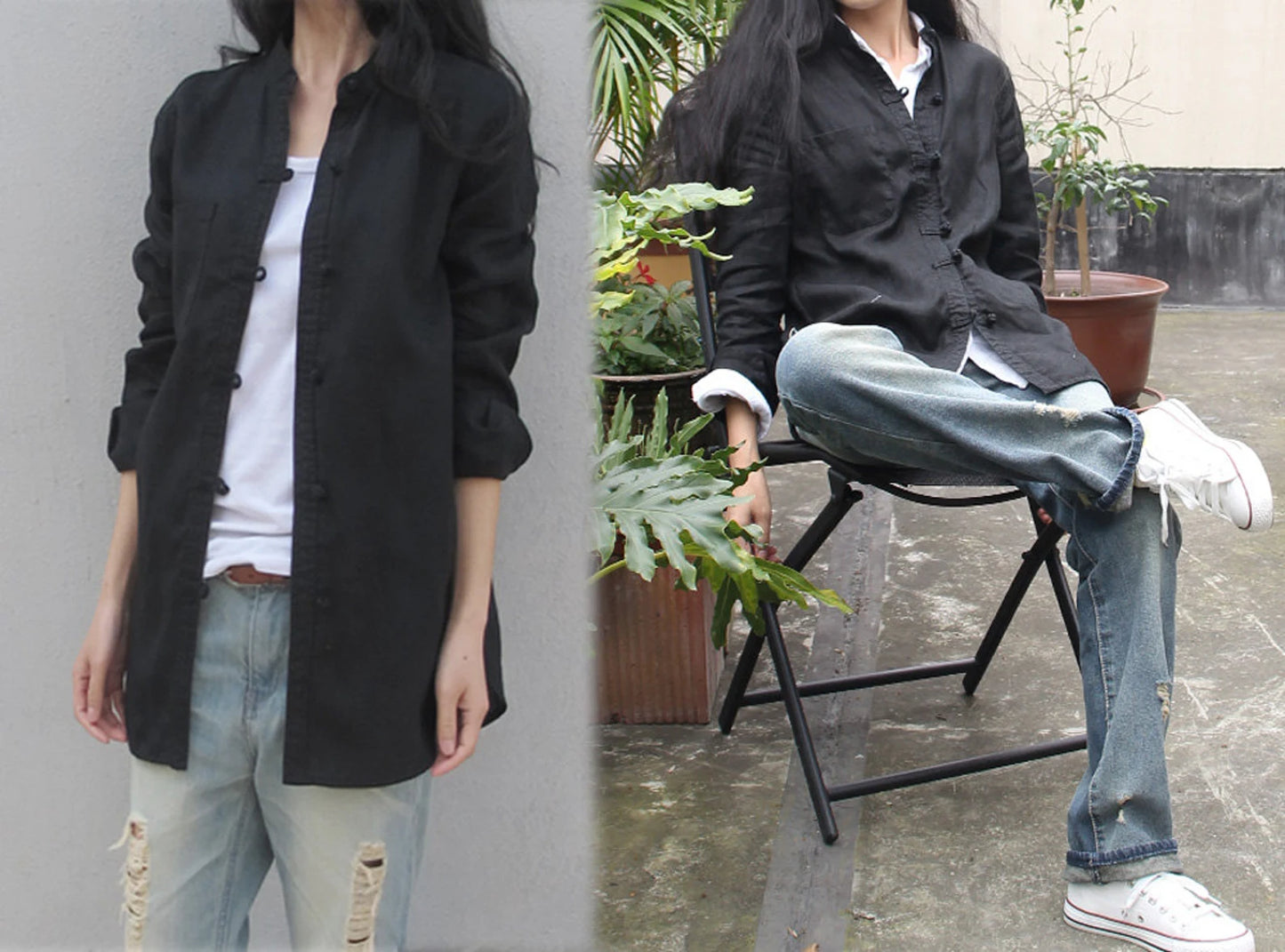 edoa Stand Collar Linen Chinese Shirt 