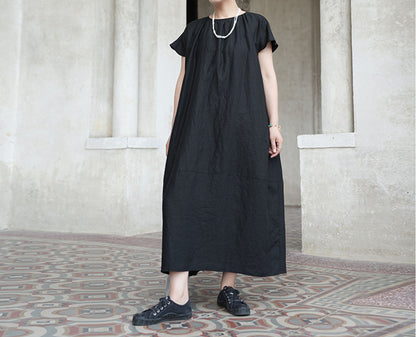 edoa Loose Linen Gathered Cocoon Dress