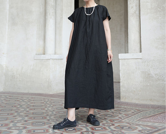 edoa Loose Linen Gathered Cocoon Dress