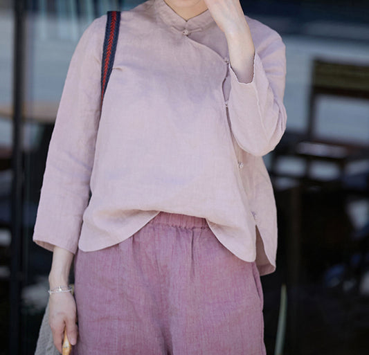 edoa Purplish Pink Linen Qipao Top