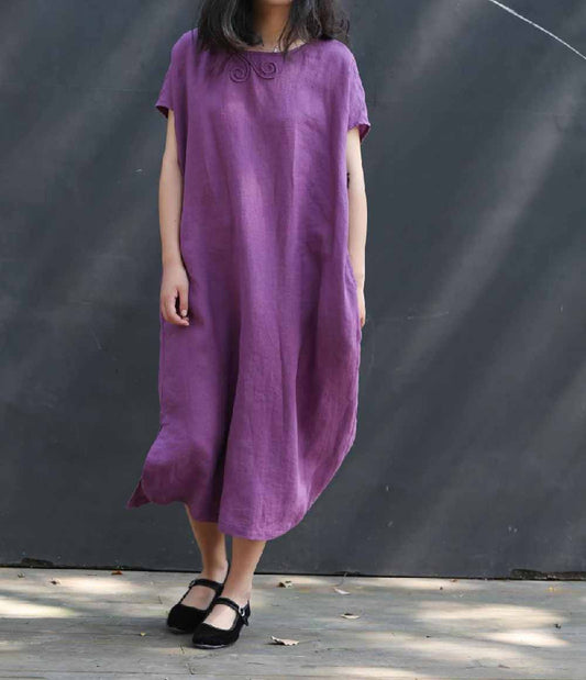 edoa Purple Ramie Dress with Chinese Knotted Butterfly Buttons
