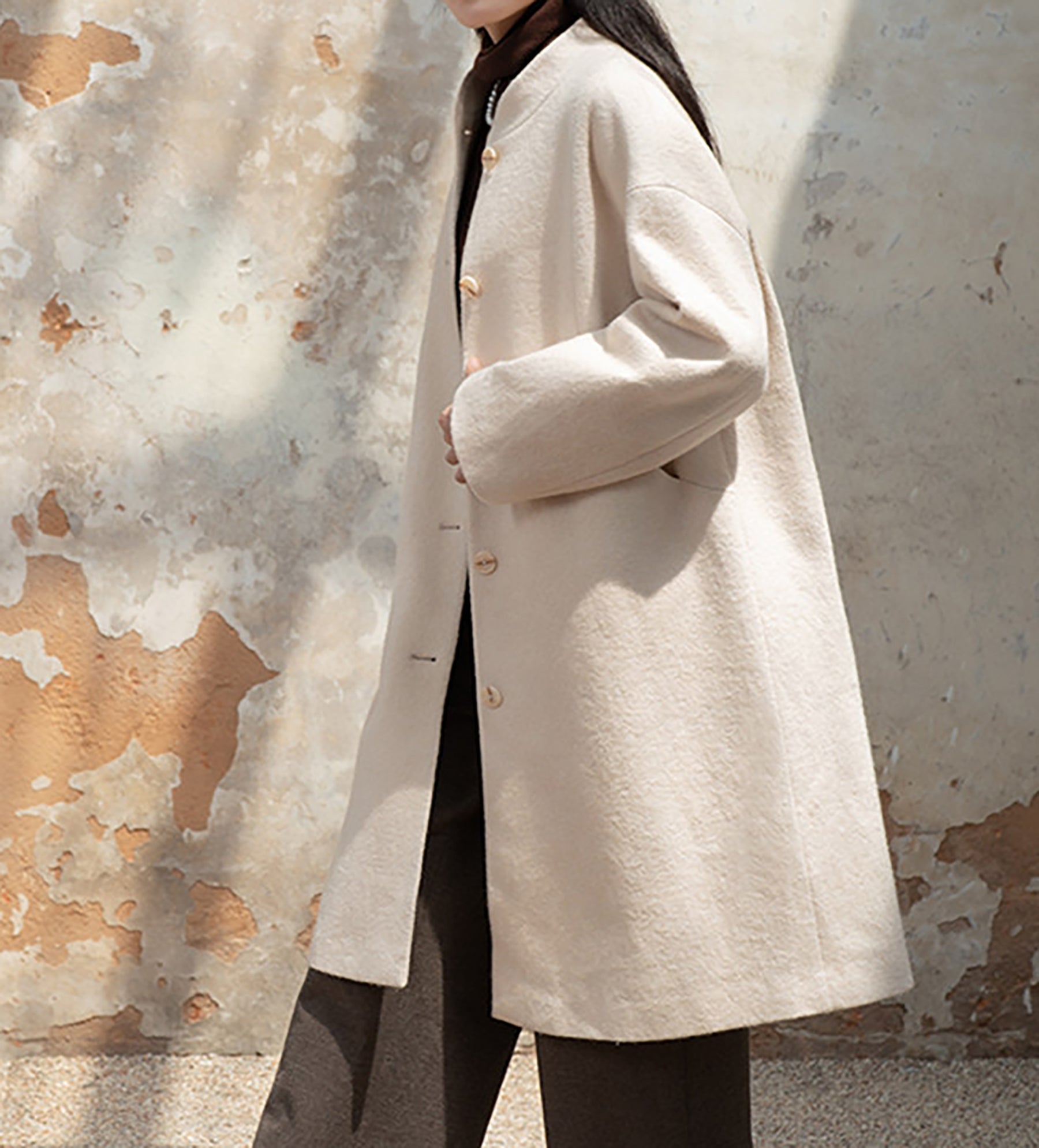 edoa White Winter Boiled Wool Chinese Coat