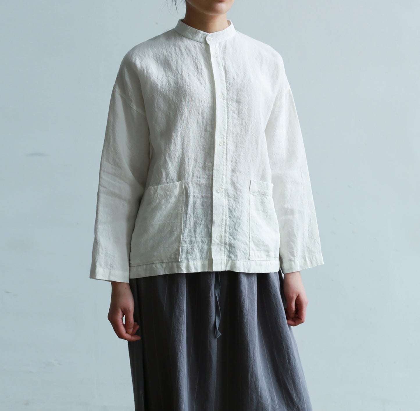 edoa Stand Collar White Loose Linen Shirt