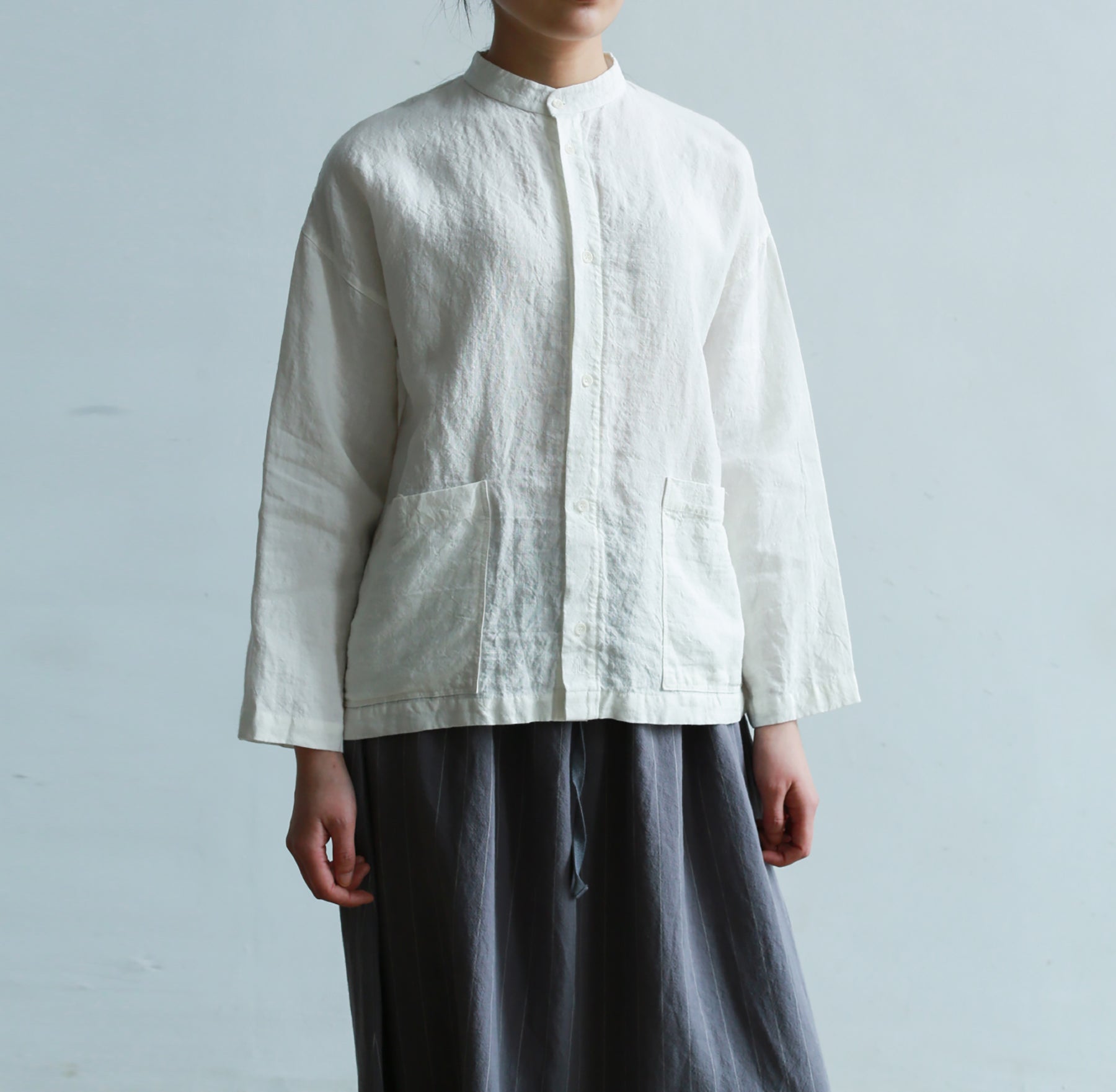 edoa Stand Collar White Loose Linen Shirt