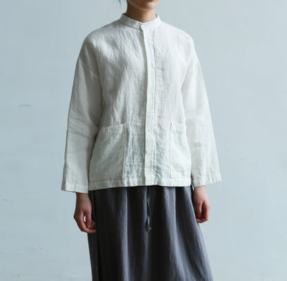 edoa Stand Collar White Loose Linen Shirt