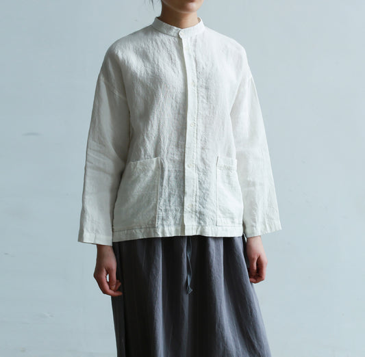 edoa Stand Collar White Loose Linen Shirt