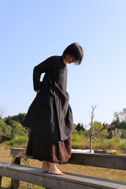 edoa Loose Black Linen Wrap Qipao Dress