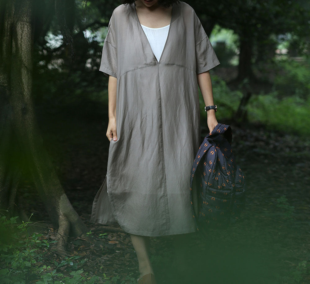 edoa Deep V Neck Smock Dress 