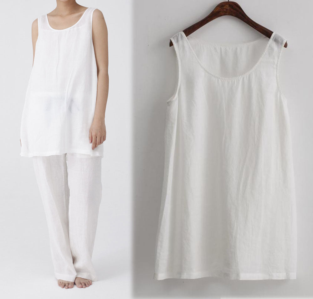 edoa Thin Ramie Trapeze Tank Top with Box Pleated Underarm