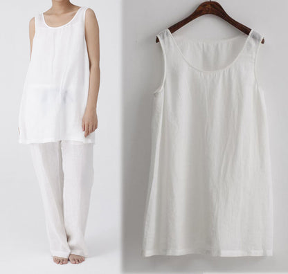 edoa Thin Ramie Trapeze Tank Top with Box Pleated Underarm