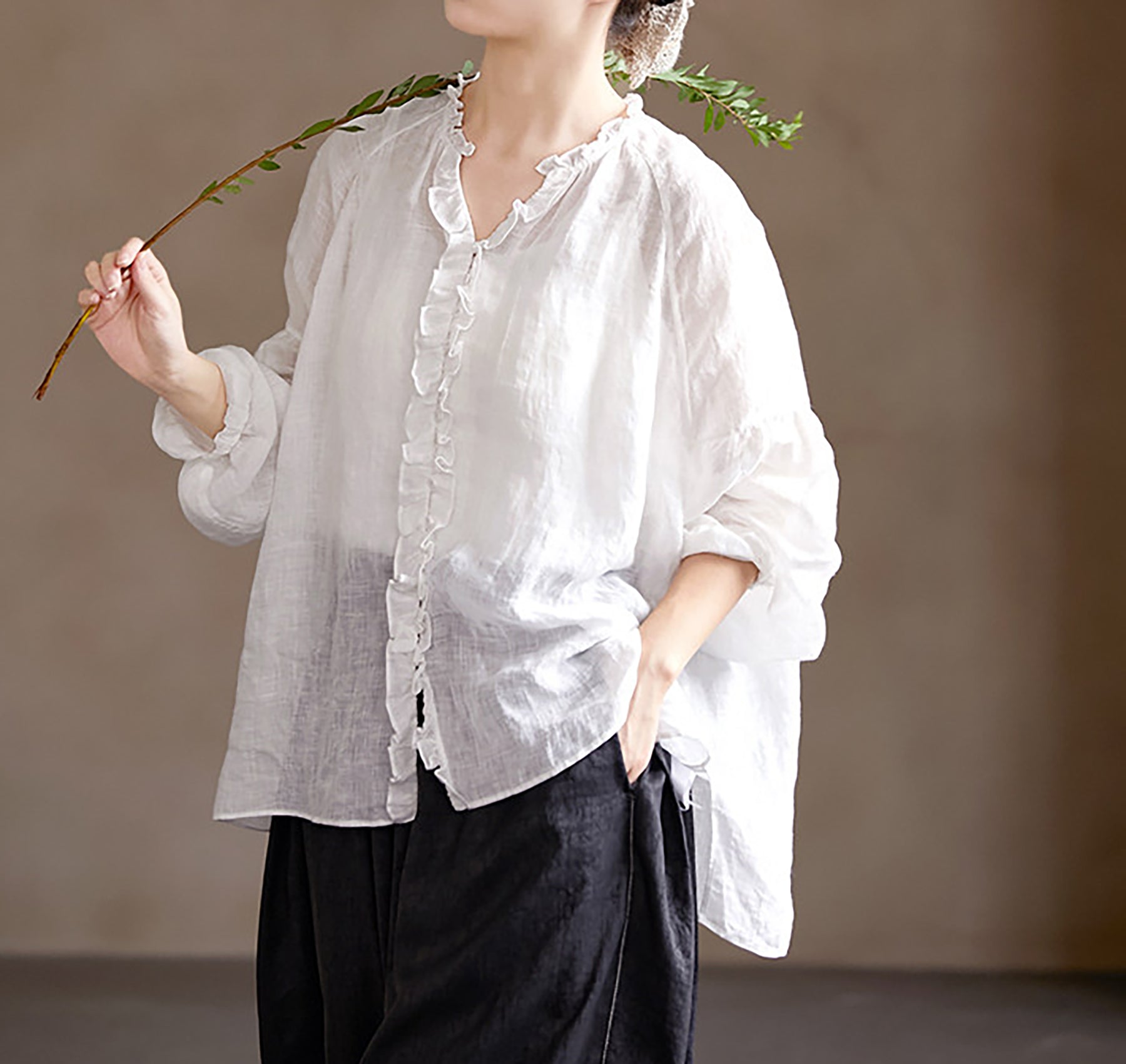 edoa Oversized High Count Hemp Ruffle Blouse