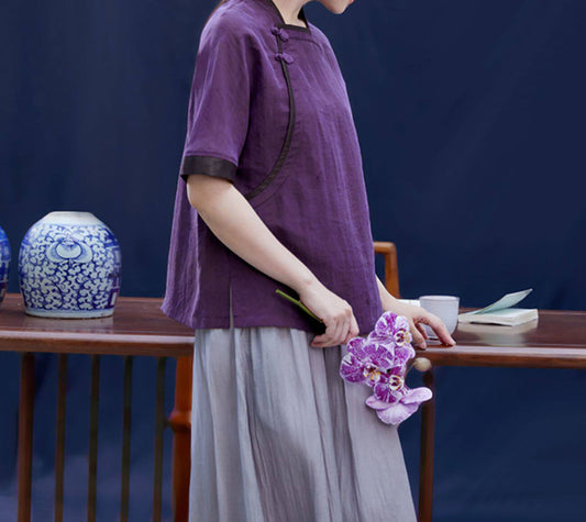 edoa Purple Cracked Mud Silk Chinese Blouse