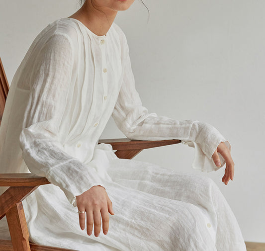 edoa Pleated French Linen 2 Way Maxi Coat Dress