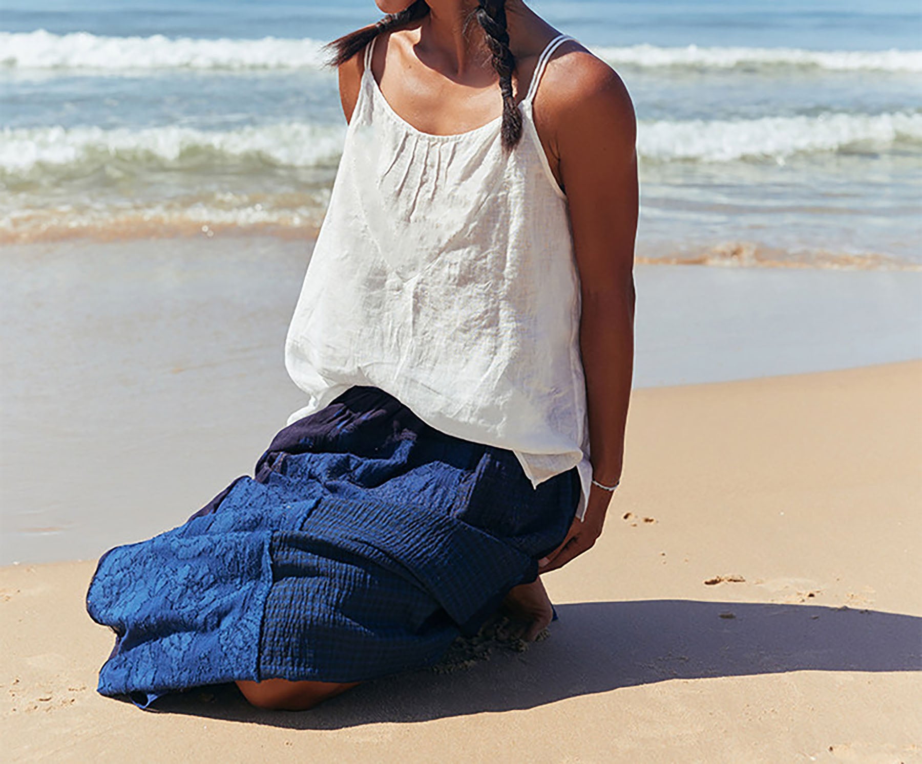 edoa Thin Linen Twin-Strap Cami Top with Pintucks