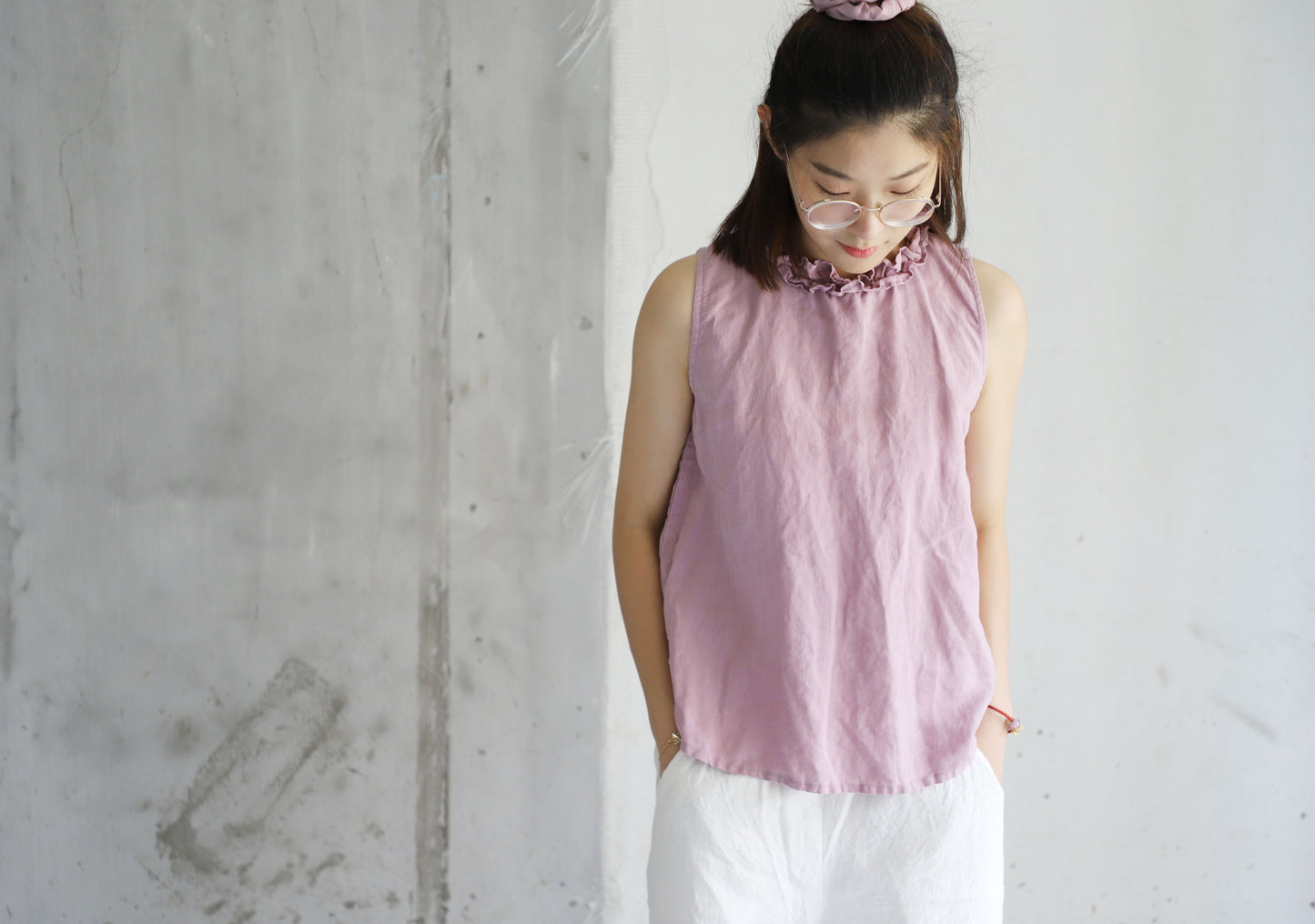 edoa Ruffle Trim Neckline French Linen Tank Top