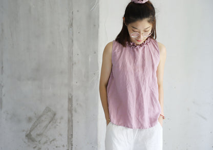 edoa Ruffle Trim Neckline French Linen Tank Top