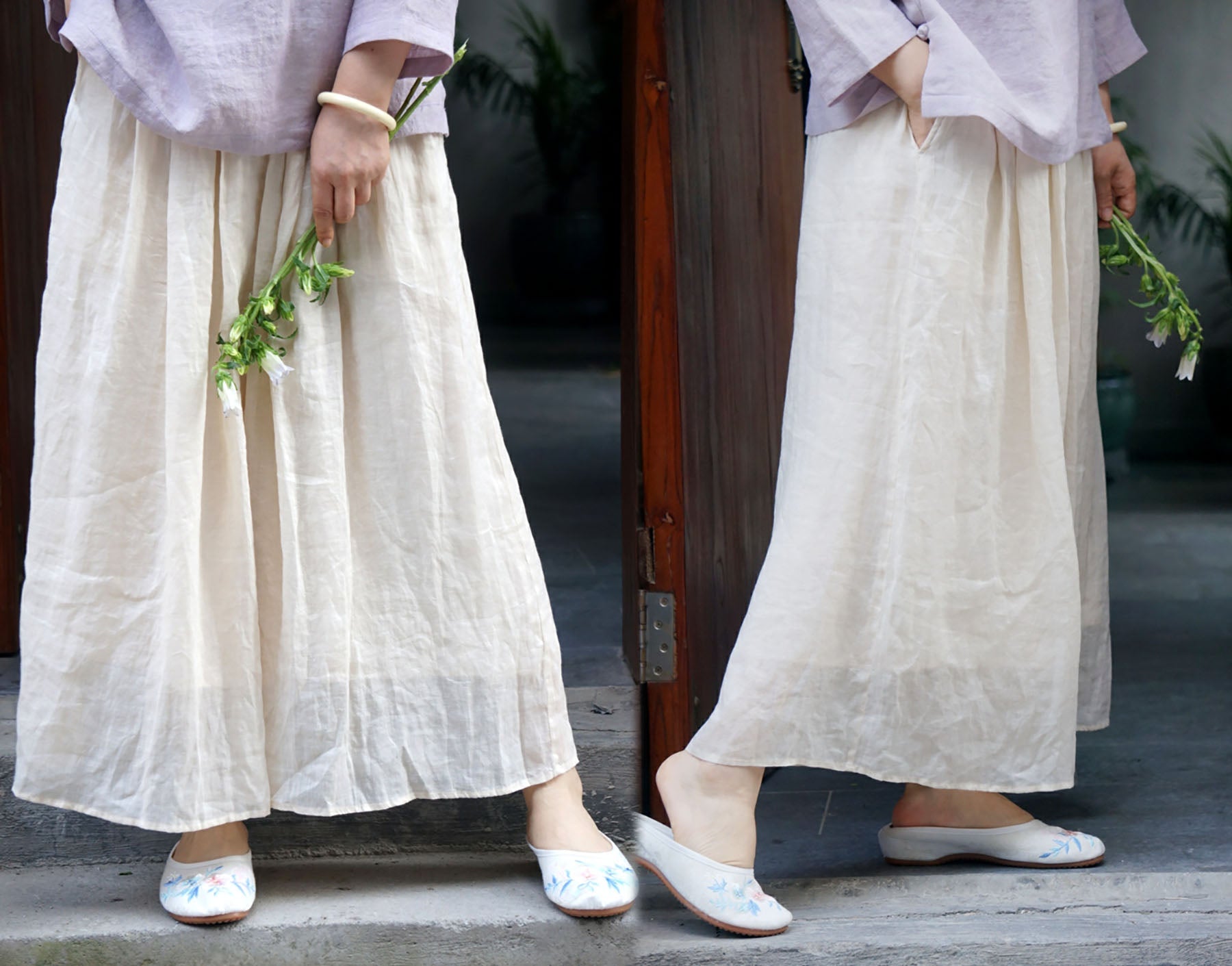 edoa Ramie Wide-leg Pajama Pocket Pants