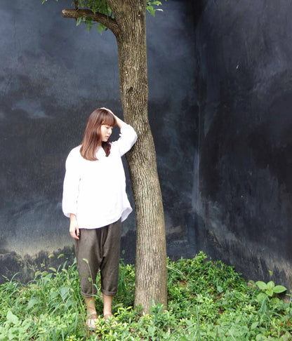 edoa Linen Peplum Top with Back Ruffled Hem