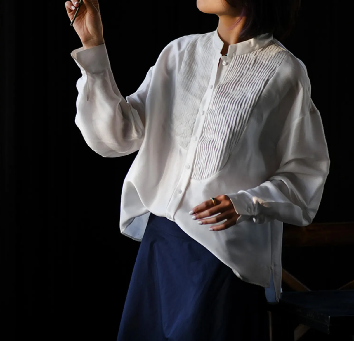 edoa White Dupioni Silk Asymmetric Pintuck Blouse