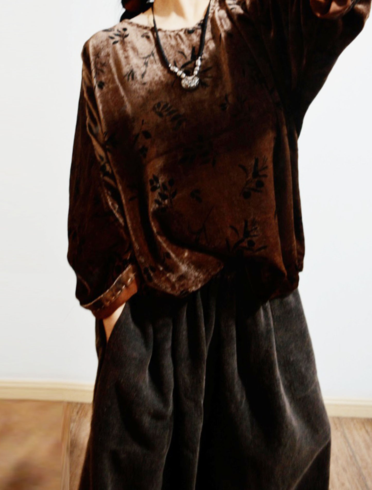 Loose Dioscorea Dyed Silk Velvet Long Sleeve T-shirt to0327 X021