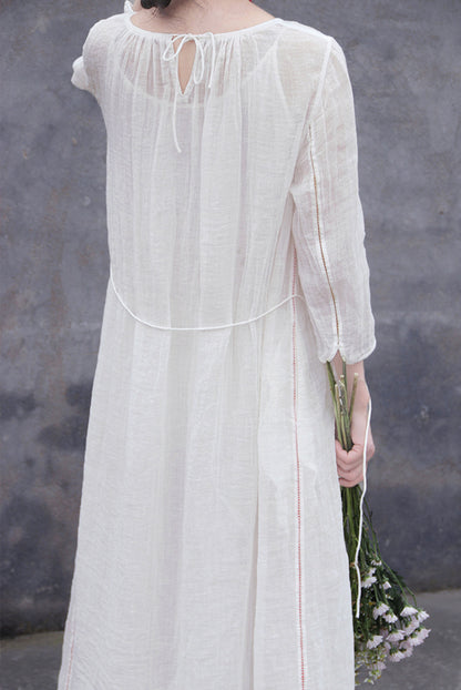 edoa White Linen Gauzy Maxi Dress with Hand Stitch Jointed Panels
