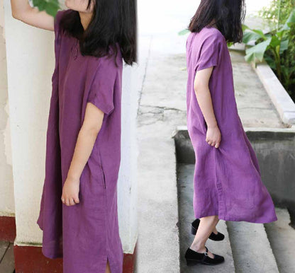 edoa Purple Ramie Dress with Chinese Knotted Butterfly Buttons