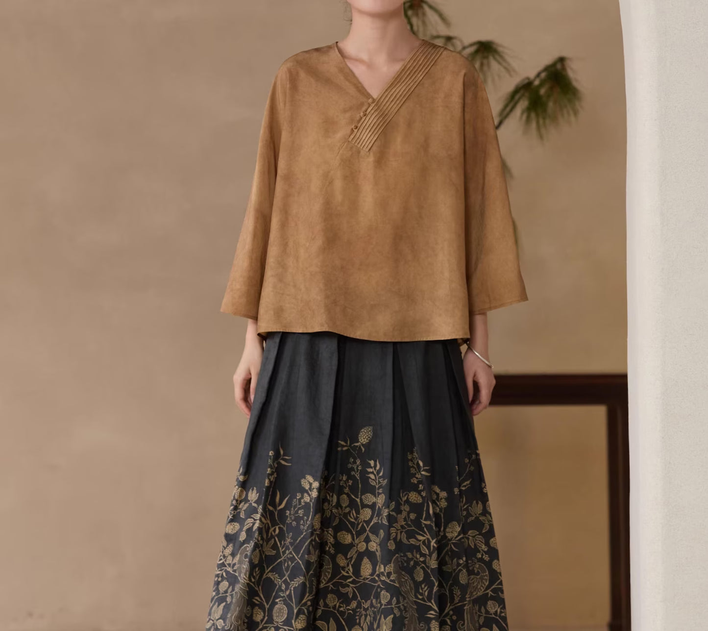 edoa Distressed Plant Dye Silk Charmeuse Chinese Blouse