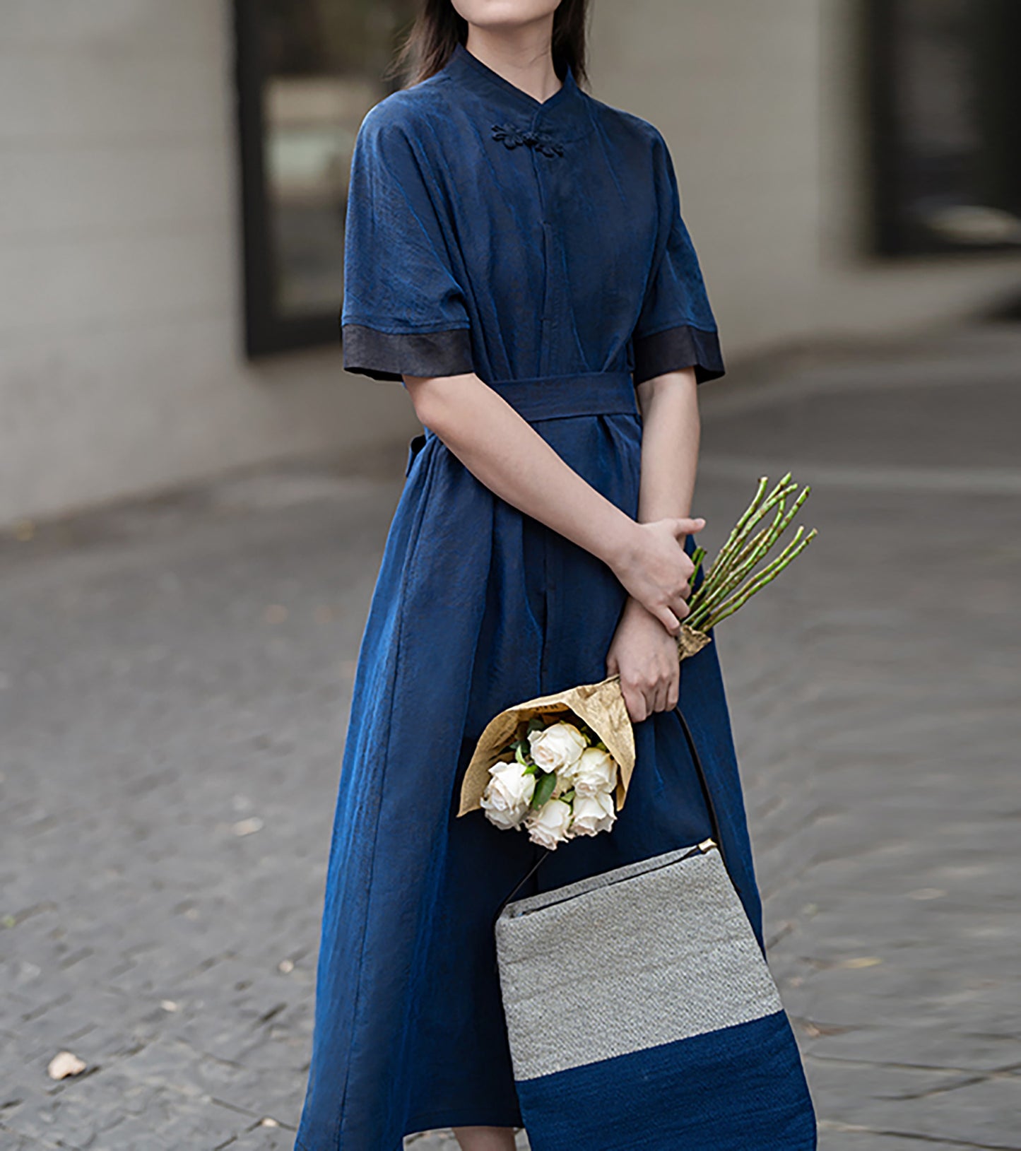 edoa Blue Cracked Mud Silk A-line Dress 