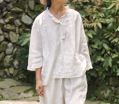 edoa White Linen Ruffled Pullover Shirt