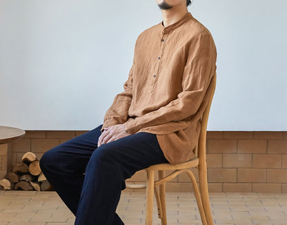 edoa Stand Collar Washed Linen Shirt 