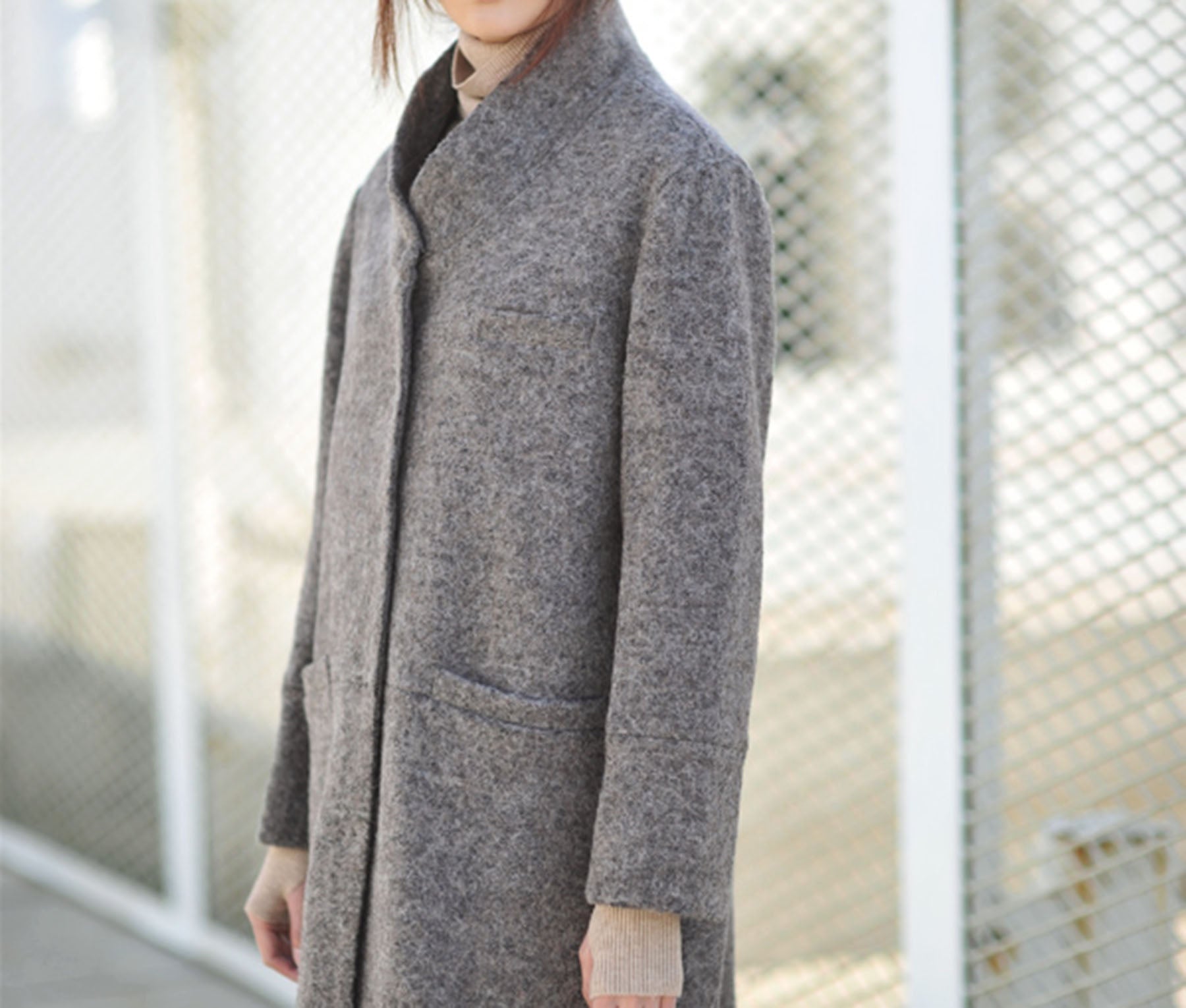 edoa Stand Collar Knit Wool Long Coat