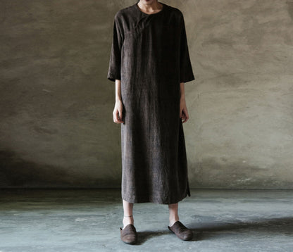 edoa Heavy Weight Mud Tussah Silk Curved Placket Spring Dress